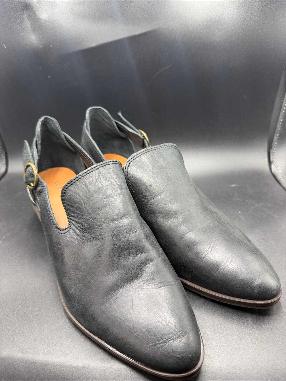 Women’s Black Leather Slip-On bootie’s with Buckle Accent